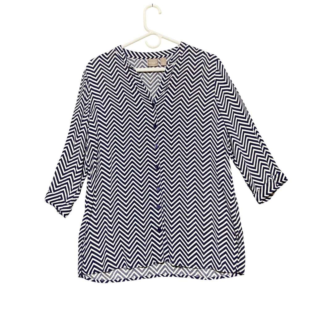 Chicos‎ Navy White Chevron Button Front Tunic Top 3/4 Sleeve Size M 570126631